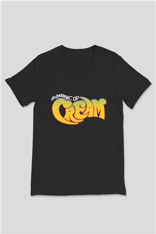 Cream Baskılı Unisex Siyah V Yaka Tişört - Tshirt