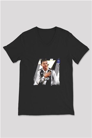 Cristiano Ronaldo Baskılı Unisex Siyah V Yaka Tişört