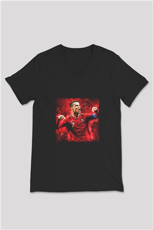 Cristiano Ronaldo Baskılı Unisex Siyah V Yaka Tişört