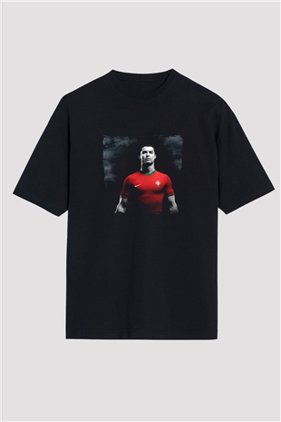 Cristiano Ronaldo Baskılı Unisex Siyah Oversize Tişört