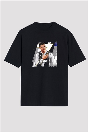 Cristiano Ronaldo Baskılı Unisex Siyah Oversize Tişört