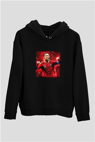 Cristiano Ronaldo Baskılı Unisex Siyah Hoodie