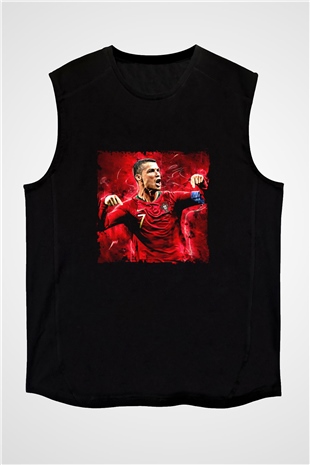Cristiano Ronaldo Baskılı Unisex Siyah Kolsuz Tişört