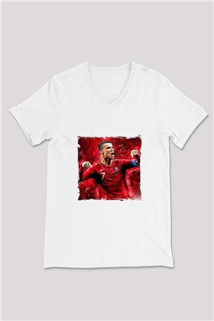 Cristiano Ronaldo Baskılı V Yaka Unisex Beyaz Tişört