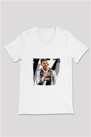 Cristiano Ronaldo Baskılı V Yaka Unisex Beyaz Tişört