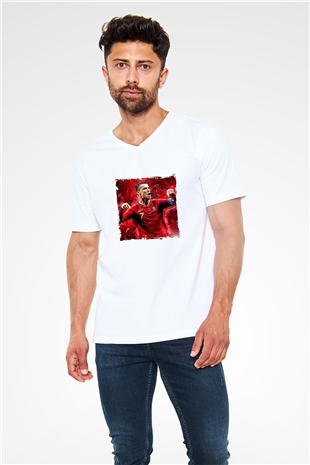 Cristiano Ronaldo Baskılı V Yaka Unisex Beyaz Tişört