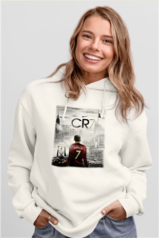 Cristiano Ronaldo Beyaz Unisex Kapşonlu Sweatshirt