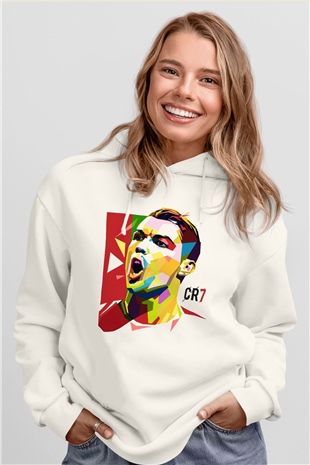 Cristiano Ronaldo Beyaz Unisex Kapşonlu Sweatshirt