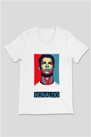Cristiano Ronaldo Beyaz Unisex V Yaka Tişört T-Shirt