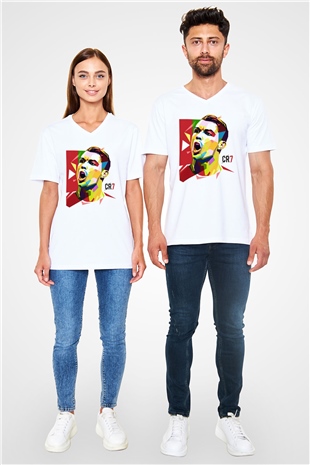 Cristiano Ronaldo Beyaz Unisex V Yaka Tişört T-Shirt