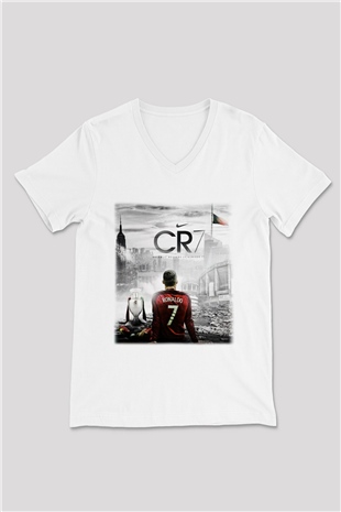 Cristiano Ronaldo Beyaz Unisex V Yaka Tişört T-Shirt