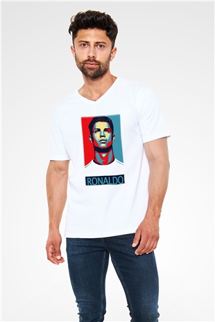 Cristiano Ronaldo Beyaz Unisex V Yaka Tişört T-Shirt