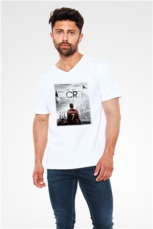 Cristiano Ronaldo Beyaz Unisex V Yaka Tişört T-Shirt