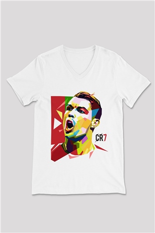 Cristiano Ronaldo Beyaz Unisex V Yaka Tişört T-Shirt