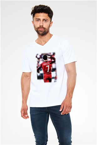 Cristiano Ronaldo Beyaz Unisex V Yaka Tişört T-Shirt
