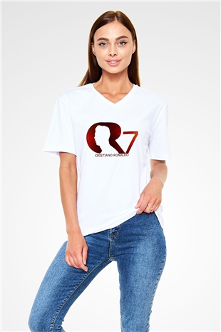 Cristiano Ronaldo Beyaz Unisex V Yaka Tişört T-Shirt