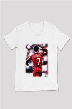 Cristiano Ronaldo Beyaz Unisex V Yaka Tişört T-Shirt