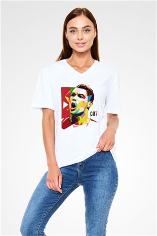 Cristiano Ronaldo Beyaz Unisex V Yaka Tişört T-Shirt