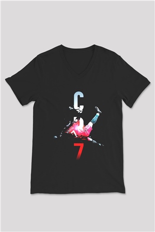 Cristiano Ronaldo Siyah Unisex V Yaka Tişört T-Shirt