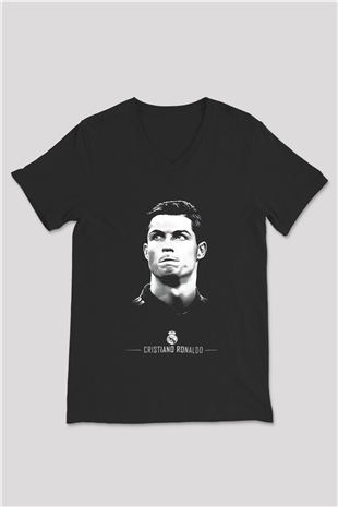 Cristiano Ronaldo Siyah Unisex V Yaka Tişört T-Shirt