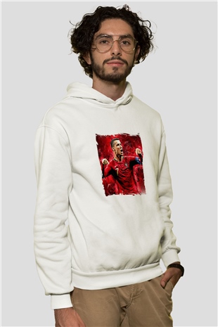 Cristiano Ronaldo Unisex Baskılı Beyaz Kapüşonlu Sweatshirt