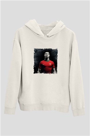 Cristiano Ronaldo Unisex Baskılı Beyaz Kapüşonlu Sweatshirt