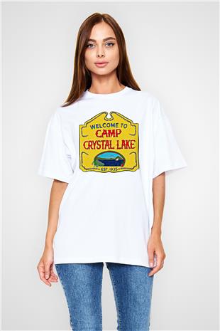Crystal Lake Baskılı Beyaz Unisex Oversize Tişört - Tshirt