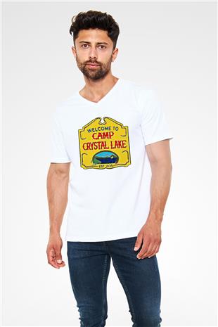 Crystal Lake Baskılı Beyaz Unisex V Yaka Tişört - Tshirt
