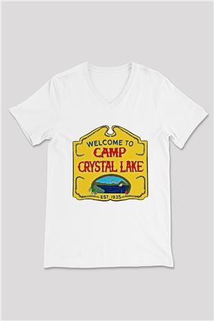 Crystal Lake Baskılı Beyaz Unisex V Yaka Tişört - Tshirt
