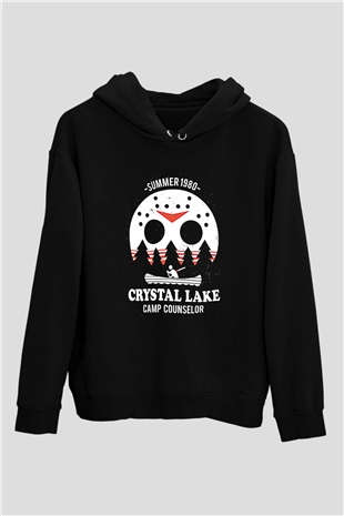 Crystal Lake Baskılı Unisex Siyah Kapüşonlu Sweatshirt