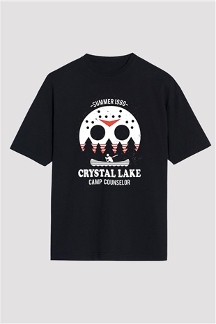 Crystal Lake Baskılı Unisex Siyah Oversize Tişört - Tshirt
