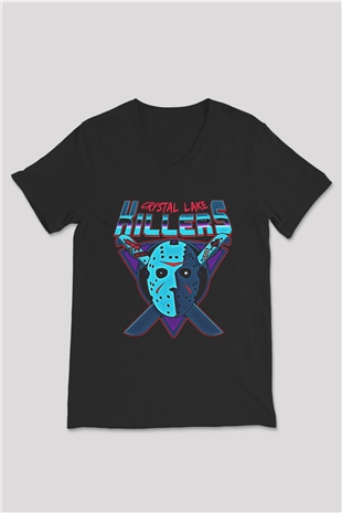Crystal Lake Baskılı Unisex Siyah V Yaka Tişört - Tshirt