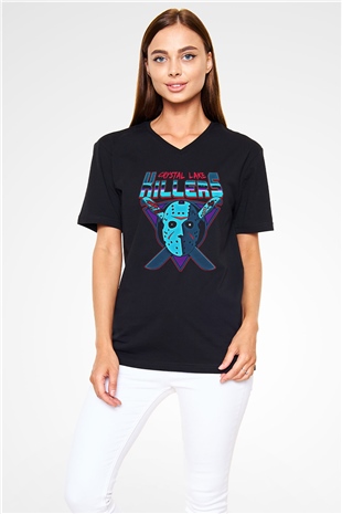 Crystal Lake Baskılı Unisex Siyah V Yaka Tişört - Tshirt
