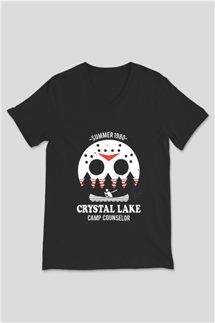 Crystal Lake Baskılı Unisex Siyah V Yaka Tişört - Tshirt