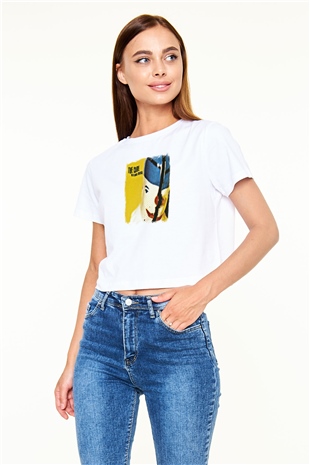 Cure Baskılı Unisex Beyaz Crop Top Tişört