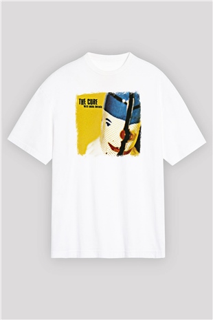 Cure Baskılı Unisex Beyaz Oversize Tişört