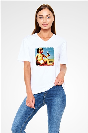 Cure Baskılı Unisex Beyaz V Yaka Tişört