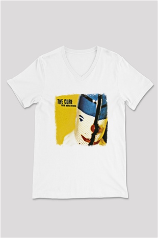 Cure Baskılı Unisex Beyaz V Yaka Tişört