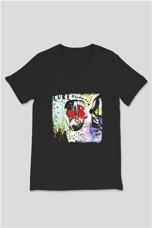 Cure Baskılı Unisex Siyah V Yaka Tişört
