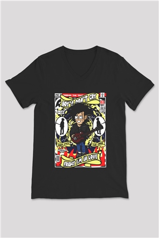 Cure Baskılı Unisex Siyah V Yaka Tişört