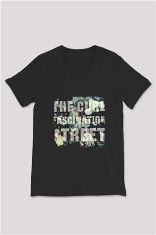 Cure Baskılı Unisex Siyah V Yaka Tişört
