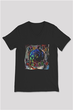 Cure Baskılı Unisex Siyah V Yaka Tişört