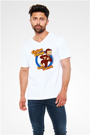 Curious George Beyaz Unisex V Yaka Tişört