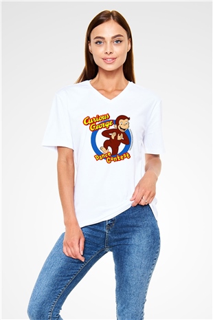 Curious George Beyaz Unisex V Yaka Tişört