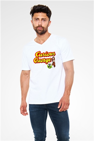 Curious George Beyaz Unisex V Yaka Tişört