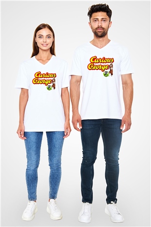 Curious George Beyaz Unisex V Yaka Tişört