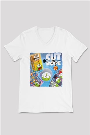 Cut the Rope Beyaz Unisex V Yaka Tişört