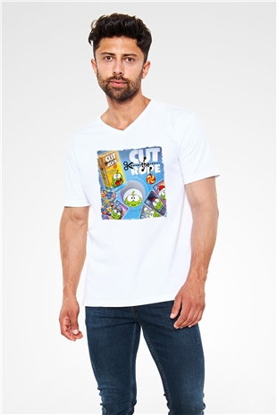 Cut the Rope Beyaz Unisex V Yaka Tişört