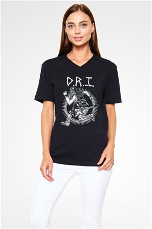 D.R.I Siyah Unisex V Yaka Tişört T-Shirt