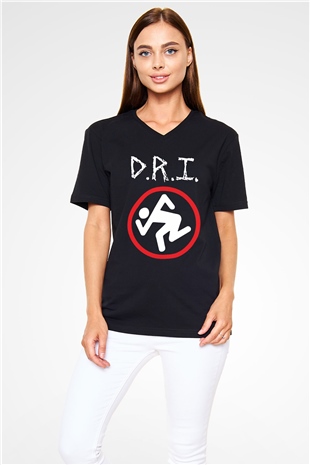D.R.I Siyah Unisex V Yaka Tişört T-Shirt